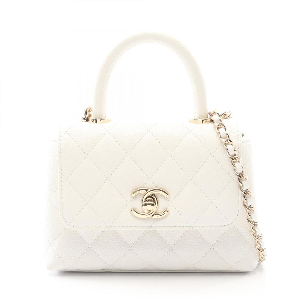 Chanel Matelasse Shoulder Bag Coco Handle Caviar Leather Grained Calfskin White